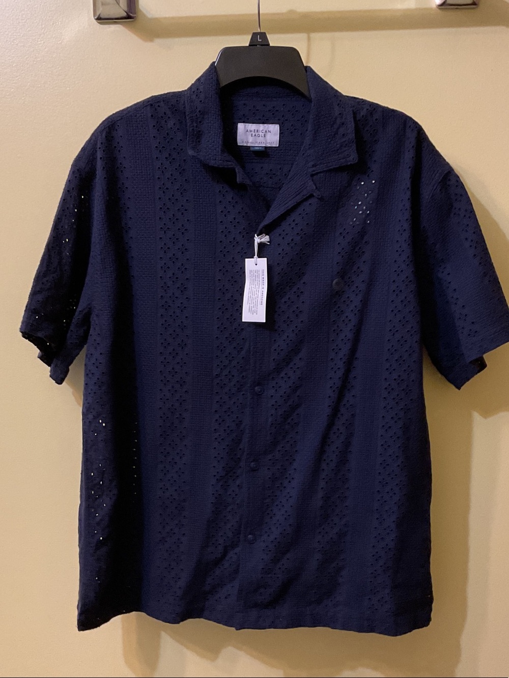 American Eagle Outfitters Navy Eyelet Short Sleeve Button-Up Shirt